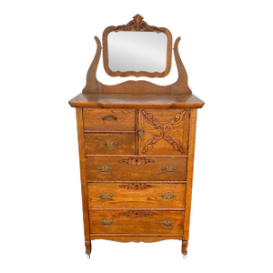Early American Tiger Oak Tall Chest of Drawers With Mirror