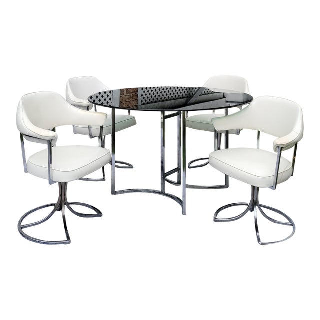 1972 Cal-Style Chrome and Smoked Glass Dining Set With Swivel Chairs - Set of 6 For Sale