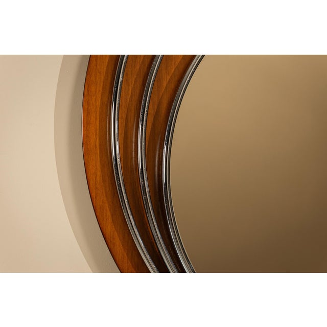 Vintage Italian Round Walnut and Chrome Mirror, 1970s For Sale - Image 9 of 11