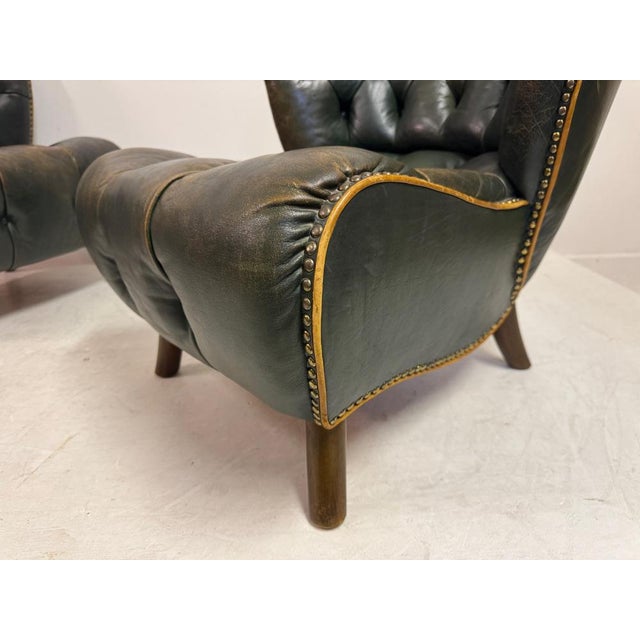 Danish Lounge Slipper Chairs in Green Patinated Leather, 1940s, Set of 2 For Sale - Image 6 of 18