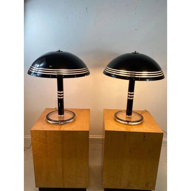 Great Pair of Solid Black Lucite With Incised Three Clear Ring Design Dome Shade Lamps. Designed in The 1970's The Round...