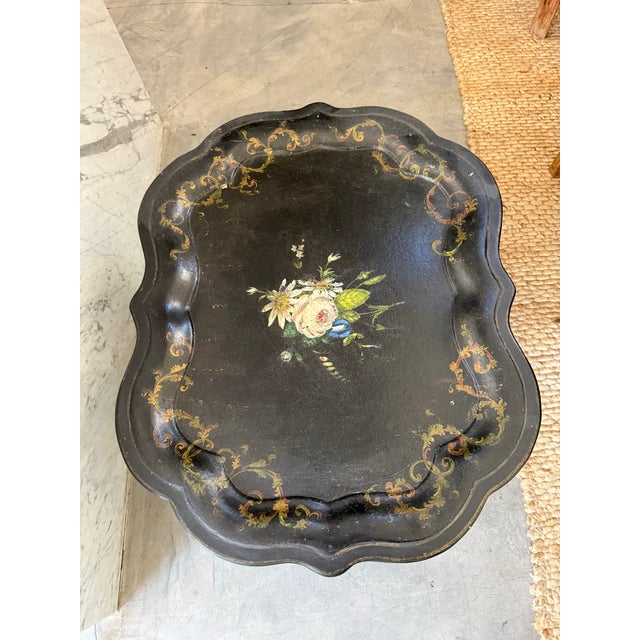 Chinoiserie Antique Chinoiserie Tray Table – 19th C. Papier-Mâché, Faux Bamboo Base, Black Side Table For Sale - Image 3 of 9