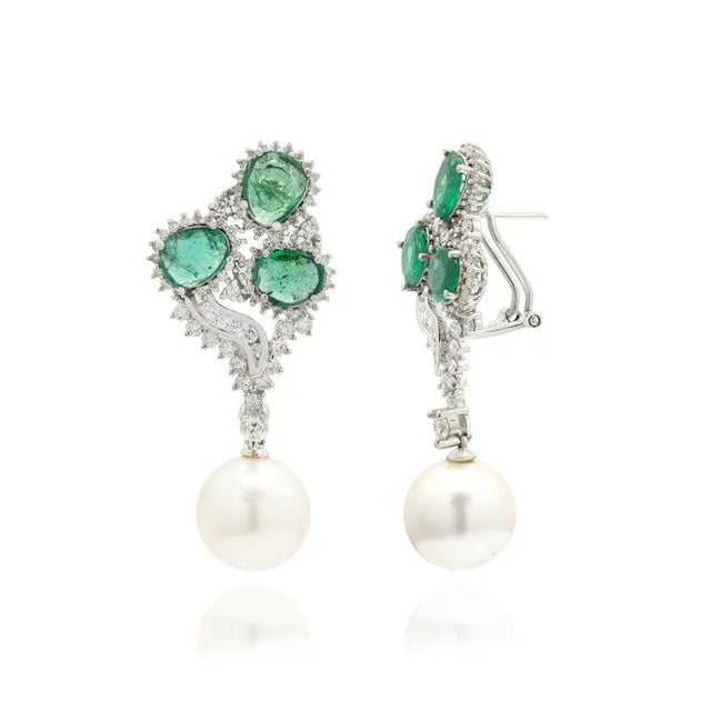 14k Gold 29.56Ct Emerald and Diamond Designer Dangle Earrings With Pearl- 2 Pieces For Sale