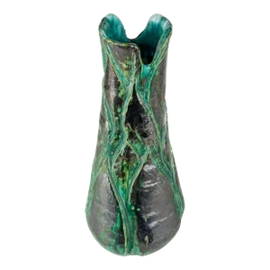 Vintage Mid 20th Century Brutalist Pottery Vase Fat Lava Green Graphite Studio
