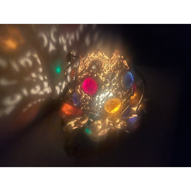 Brass Antique Pierced Brass Jeweled Fairy Lamp Table Lamp on Ruffled Tray Catalog Reference U-348 For Sale - Image 8 of 11