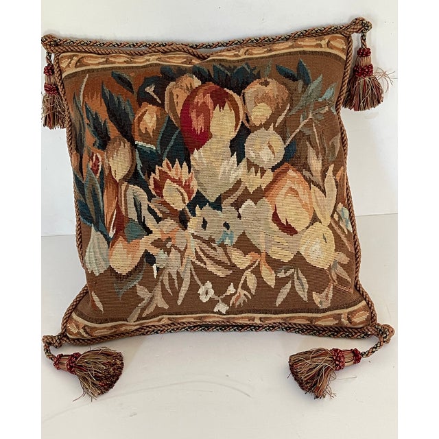 Traditional Antique Belgian Wool Tapestry Pillow With Tassels Feather Down For Sale - Image 3 of 7