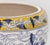 Italian Large Glazed Ceramic Jardiniere, blue and white scrolling flowering vines with yellow top border, marked "Deruta /...