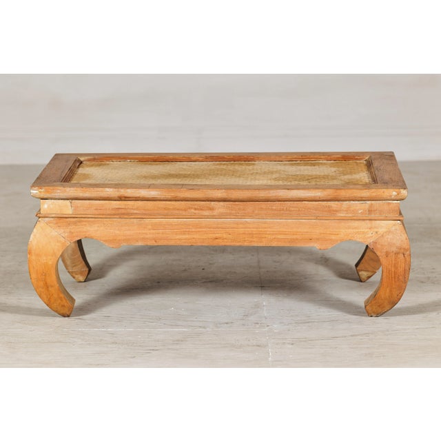 Country Style Low Wood Coffee Table with Woven Mat Top and Curved Legs For Sale - Image 11 of 12