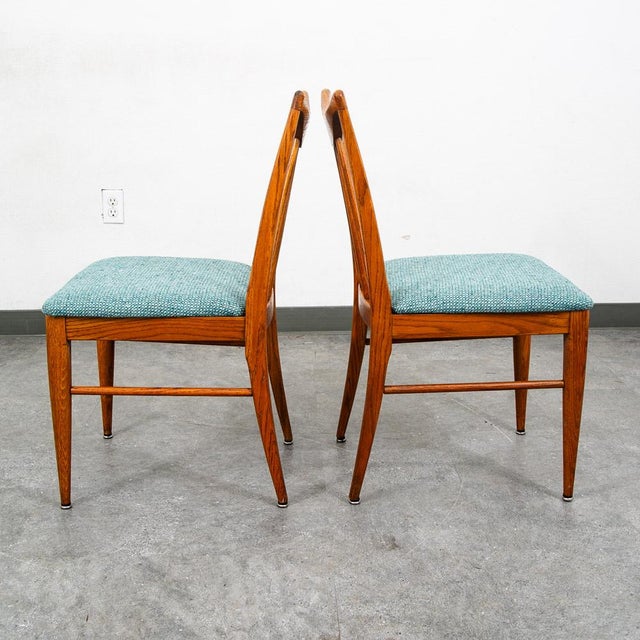 Mid Century Modern Dining Chairs Set 3 Solid Oak Keller Furniture Aqua Blue MCM For Sale - Image 11 of 12