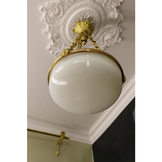 French White Glass, Brass and Bronze Pendant Chandelier, 1920s For Sale - Image 6 of 18