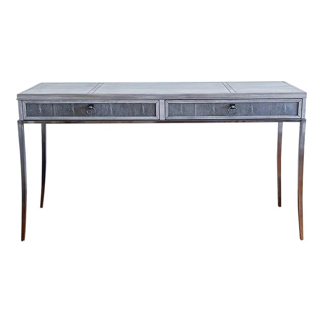 Vintage NeoClassical Revival Wood and Shagreen Console Desk With Metal Legs and Drawer Pulls For Sale