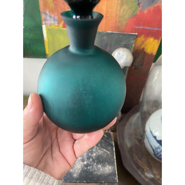 Glass Vintage Teal Satin Glass Decanter For Sale - Image 7 of 10