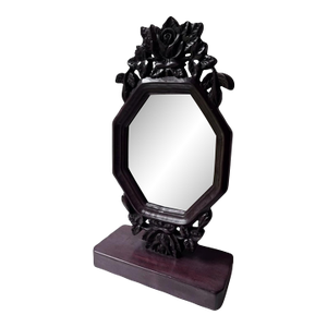 Antique Hand Carved Vanity Mirror Floral Frame Walnut Wood Frame