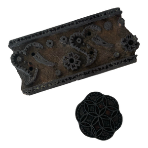 Pair of Vintage Indian Wooden Textile Printing Blocks – Floral Border & Rosette Stamps, Hand‑Carved