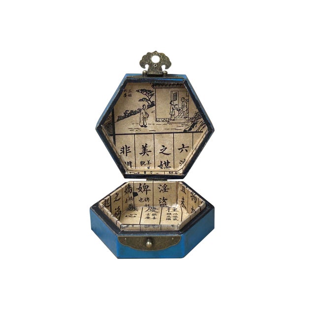 Cerulean Oriental Cerulean Blue Flower Bird Graphic Hexagonal Container Box For Sale - Image 8 of 8