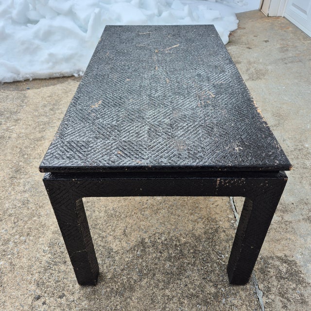 Wood Mid-20th Century Asian Ming Style Rectangular Black Lacquered Grasscloth Coffee Table (48x24") For Sale - Image 7 of 15