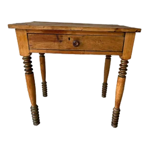 19th Century Antique Federal Style Yellow Pine Side-Work Table With Spool Turned Legs