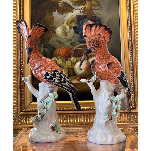 Paired set of Mottahedeh porcelain Hoopoe birds modeled after the celebrated 18th-century Chelsea and Meissen naturalist...