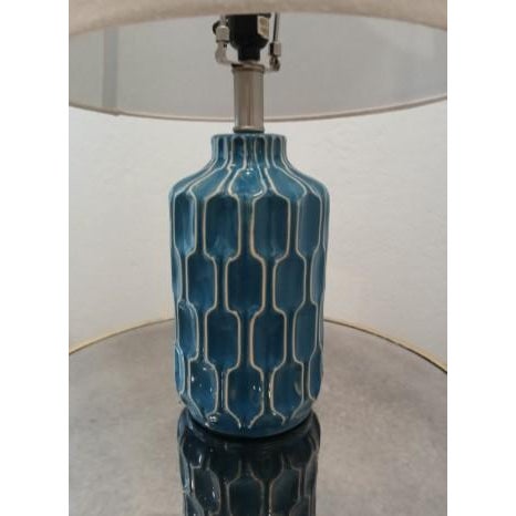 Moroccan Style Lamp Ocean Blue Handpainted Ceramic Bedroom Decor W Shade For Sale - Image 4 of 15