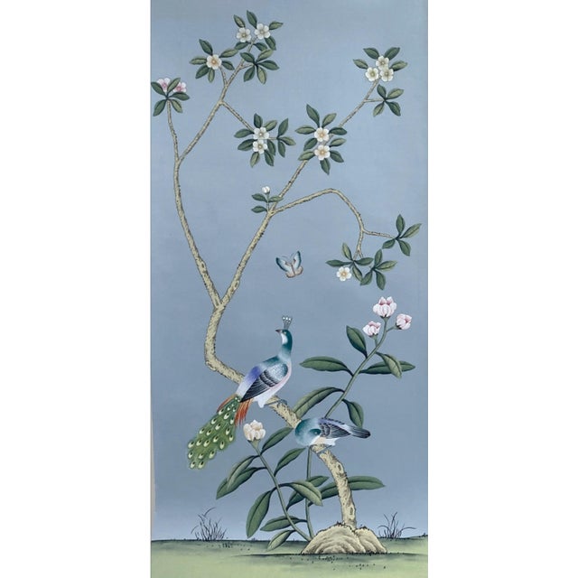 Hand Painted Soft Blue Chinoiserie Magnolia & Bird Mural 3-Panel Set For Sale - Image 4 of 6