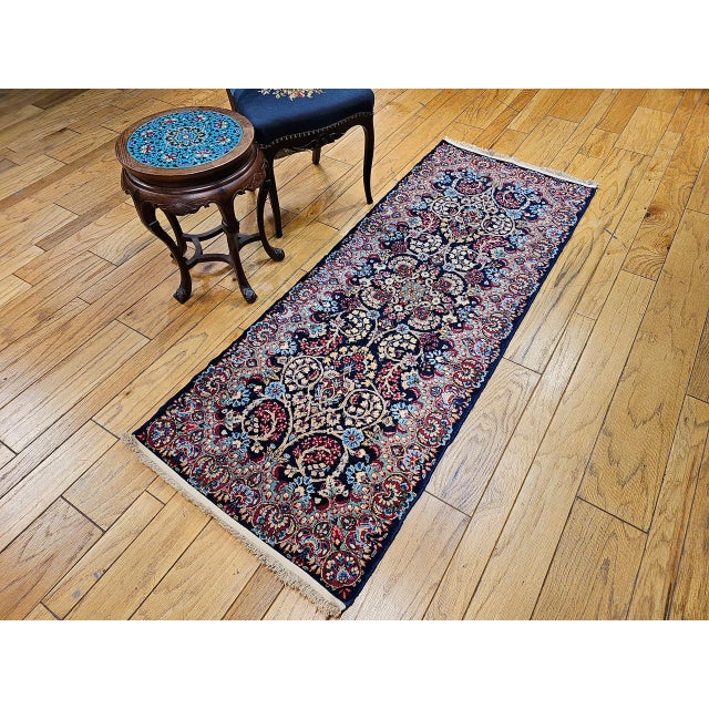 Navy Blue Vintage Persian Kerman Rug, Hand-Knotted Wool, All-Over Floral Garden Pattern, Navy & Ivory, 3x7 For Sale - Image 8 of 16