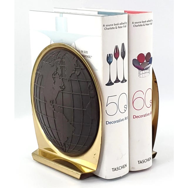 1960s Jere Style World Atlas Brass Plated and Brown Vinyl Bookends Depicting the Eastern and Western Hemispheres, Signed - a Pair For Sale - Image 10 of 12