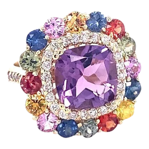 7.13 Carat Cushion Cut Amethyst Sapphire Diamond Yellow Gold Cocktail Ring Size 7