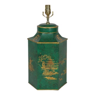 Vintage English Export Chinoiserie Hexagonal Tea Caddy Hand-Painted Landscape Table Lamp For Sale