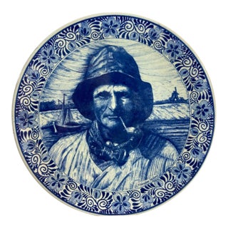 Vintage Dutch Delfts Blauw Volendam Fisherman Blue & White Wall Charger Holland For Sale