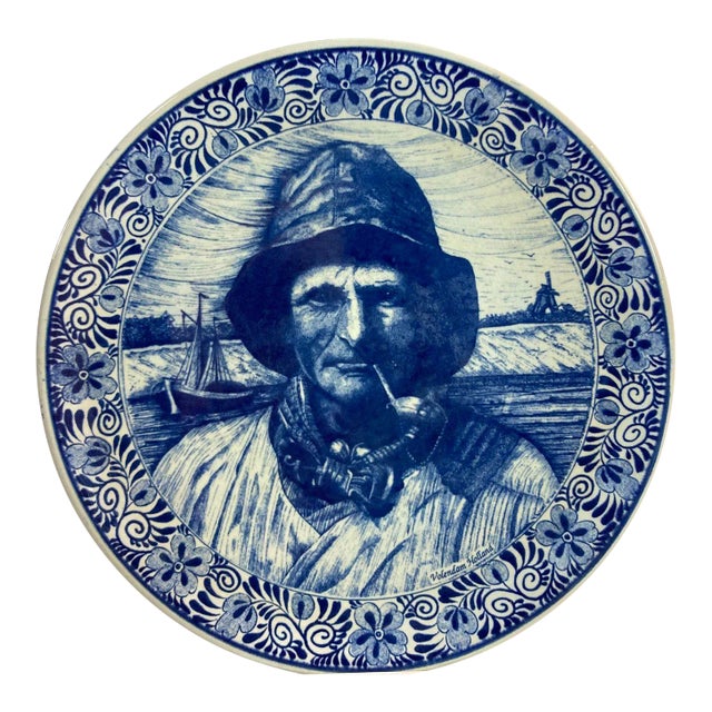 Vintage Dutch Delfts Blauw Volendam Fisherman Blue & White Wall Charger Holland For Sale