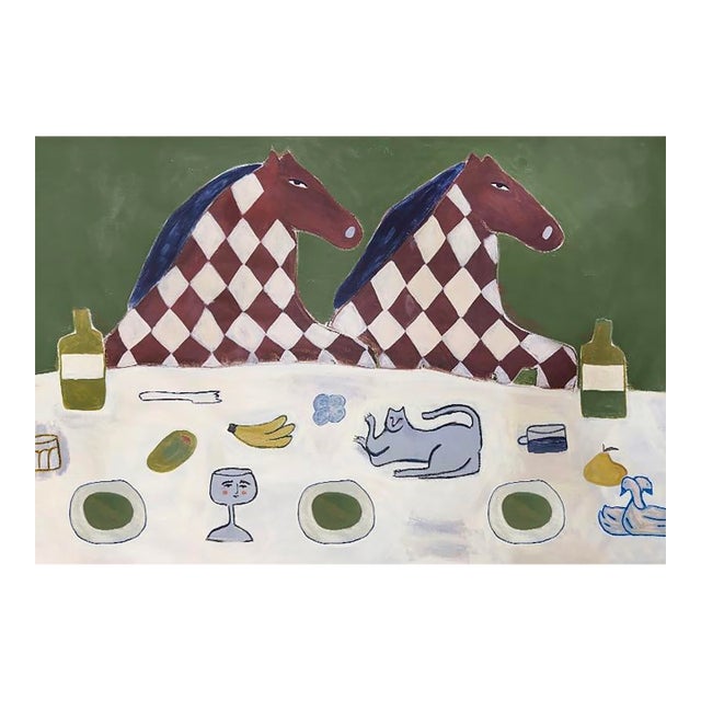 Rochi Lana "The Gemini Table" Acrylic and Oil Pastel on Canvas, Two Horses at a Surreal Table, Contemporary Figurative Painting, 2026 For Sale
