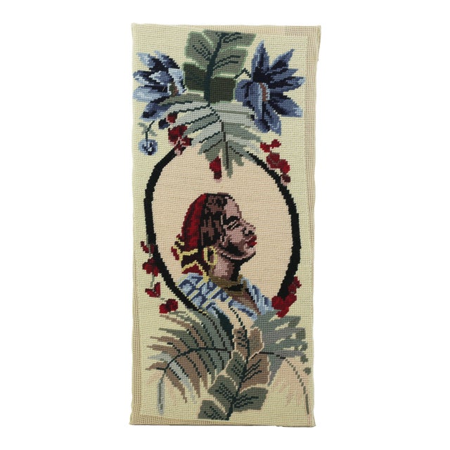 Vintage Portrait Needlework Vertical Textile Art Tropical Botanical Profile With Floral Motif For Sale