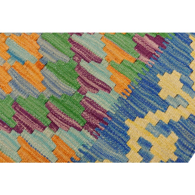 Blue Rustic Turkish Kilim Blue Gold Hand-Woven Wool Rug For Sale - Image 8 of 9
