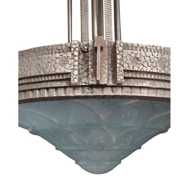 Early 20th Century Teal Blue French Art Deco Art Glass and Iron Mounted Pendant For Sale - Image 11 of 12