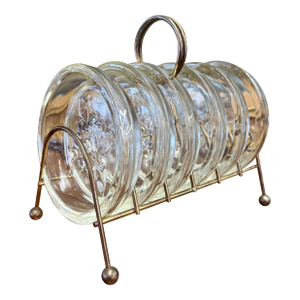 1960s Vintage Mid Century Modern Style Glass Coaster in Hollywood Regency Style Caddy- 6 Pieces