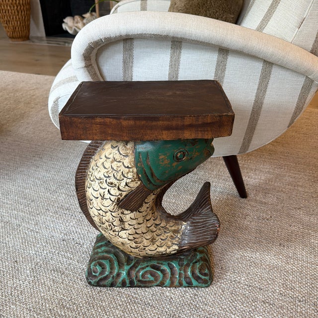 Fabulous hand carved and painted wooden koi fish pedestal. Can be used as a side table, plant stand or even occasional...