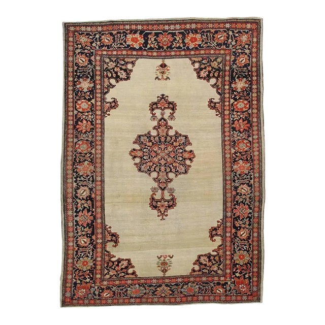 Antique Farahan Sarouk Rug, Handmade Oriental Rug, Ivory, Red, Navy For Sale