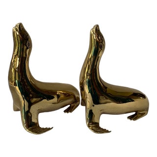 1970s Solid Brass Sea Lion Bookends, Figurines, Sarried Ltd, Large 11” High For Sale