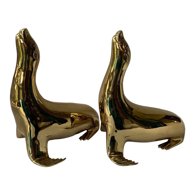 1970s Solid Brass Sea Lion Bookends, Figurines, Sarried Ltd, Large 11” High For Sale