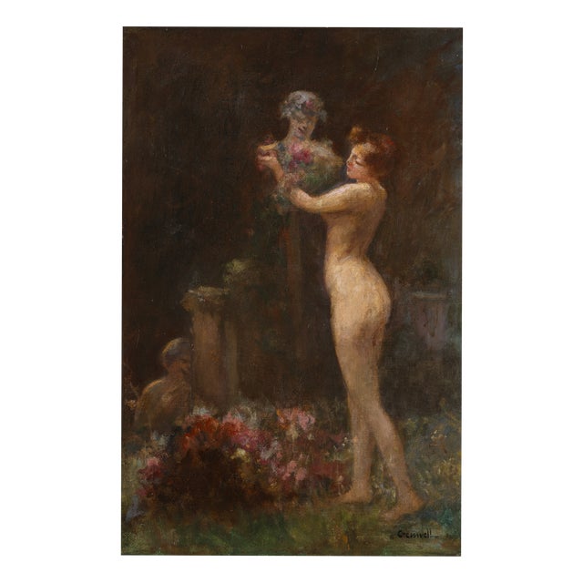 Albert Cresswell, Nymph Adorning a Bust in a Garden, Oil on Canvas For Sale