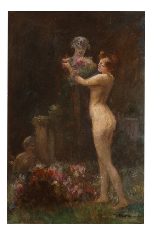 Albert Cresswell, Nymph Adorning a Bust in a Garden, Oil on Canvas