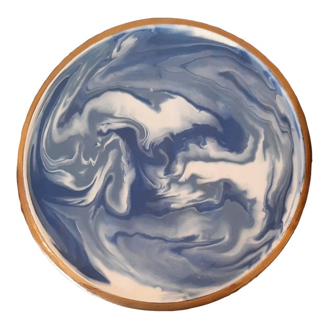 Vintage Blue White Swirl Pottery Gold Rim Trivet For Sale