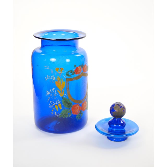 Mid-20th Century Italian Gilt and Hand-Painted Cobalt Blue Glass Apothecary Jars For Sale - Image 9 of 18