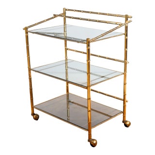 Vintage Mid Century Brass & Smoked Glass Bar Cart, C. 1970s For Sale