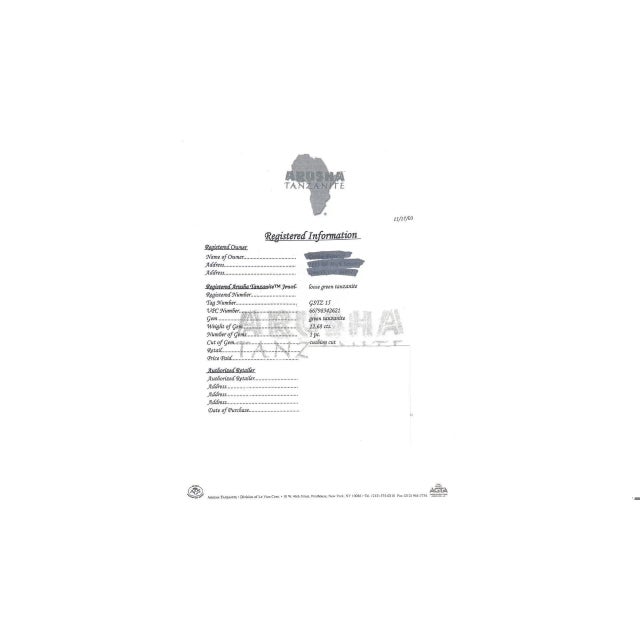 Vintage Platinum 950 ring with a rare 12.68-carat green tanzanite, complemented by two baguette-cut diamonds totaling 1.40...