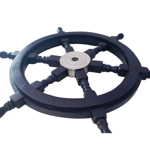 Early 19th Century Nautical Handcrafted 24 Inch Dark Blue Wooden Ship Wheel, Home Wall Décor For Sale - Image 4 of 6