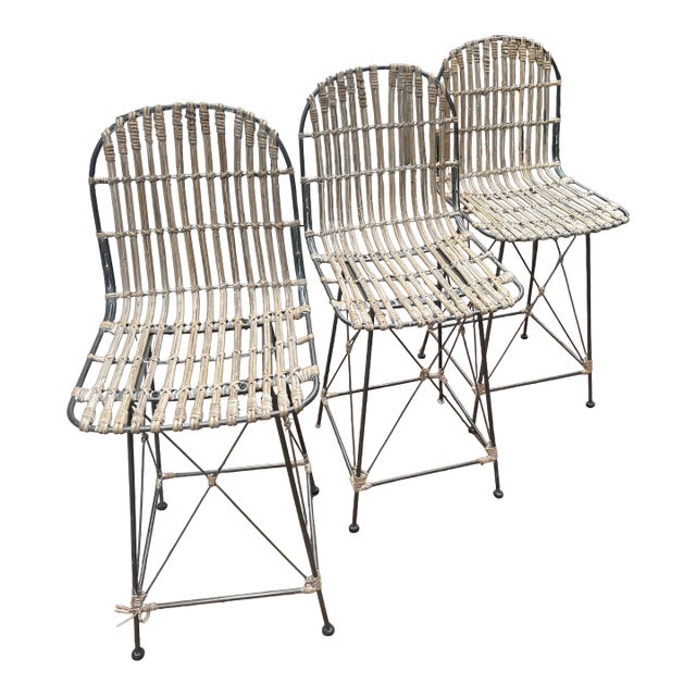 Late 20th Century Set of 3 Sculptural Woven Iron Bar Stools With Hand-Wrapped Seats For Sale