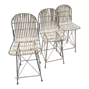 Late 20th Century Set of 3 Sculptural Woven Iron Bar Stools With Hand-Wrapped Seats