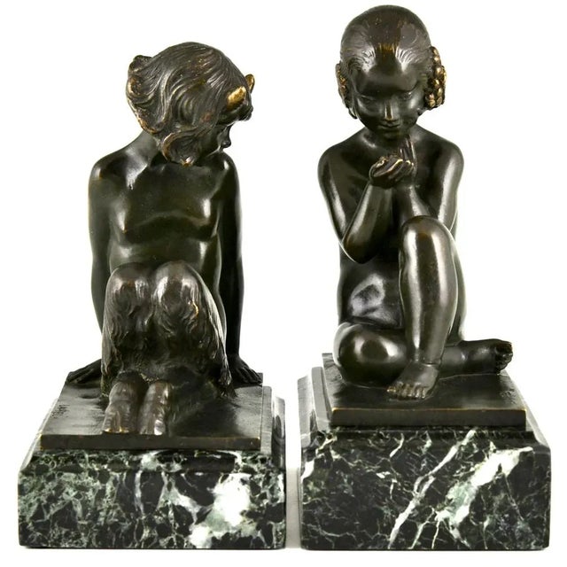 Metal Art Deco Bronze Bookends Faun and Girl with Grapes by Pierre Laurel, 1925, Set of 2 For Sale - Image 7 of 13