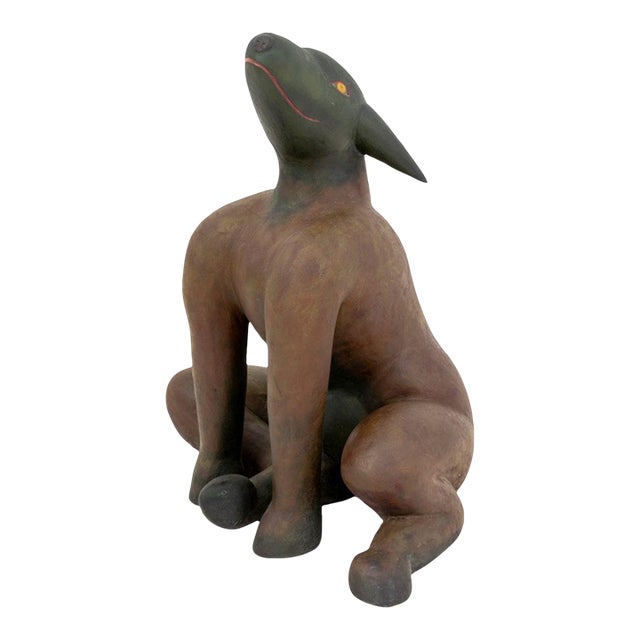 Folk Art Seated Dog Polychrome Painted Sculpture For Sale